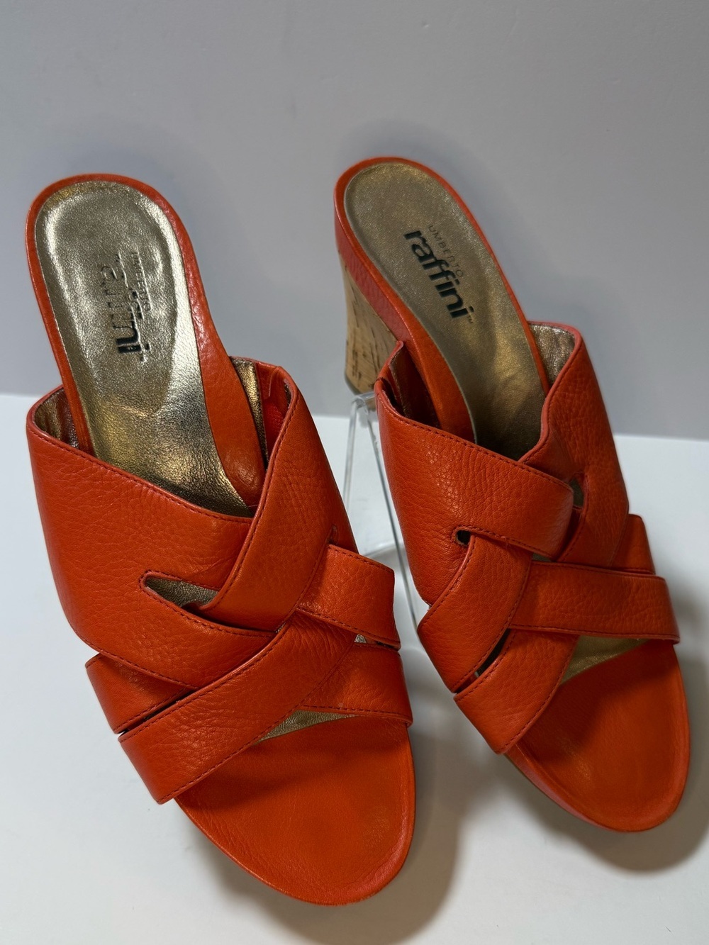Orange Leather Cork Heel Slide Sandals